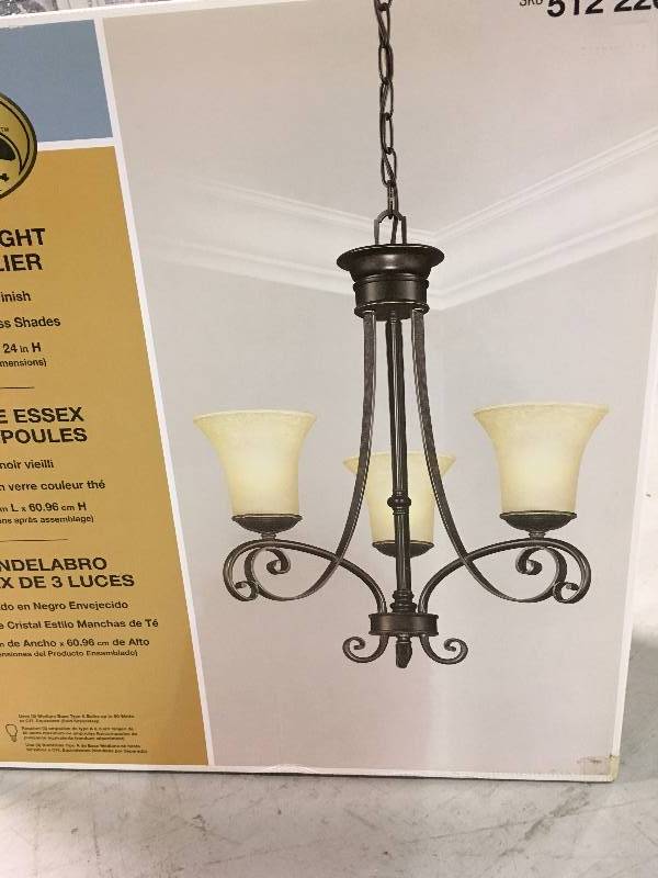 lot 24 image: Hampton Bay 14708 Essex 3-Light Aged Black Chandelier Aged Black not used