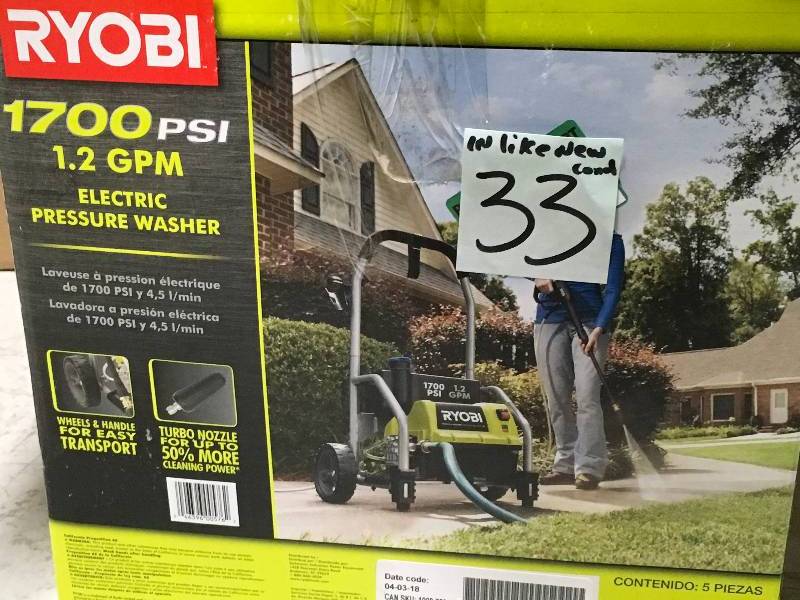 lot 33 image: Ryobi RY14122 1700 PSI 1.2 GPM Electric Pressure Washer LIKE NEW in working conditions