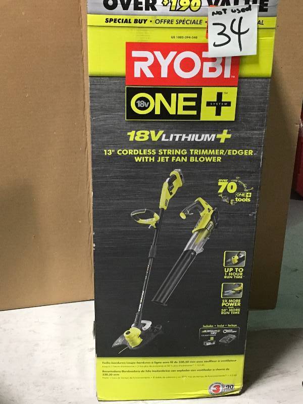 lot 34 image: Ryobi One 18v Cordless String Trimmer Jet Fan Blower Combo Kit P2035 OPEN BOX NOT USED
