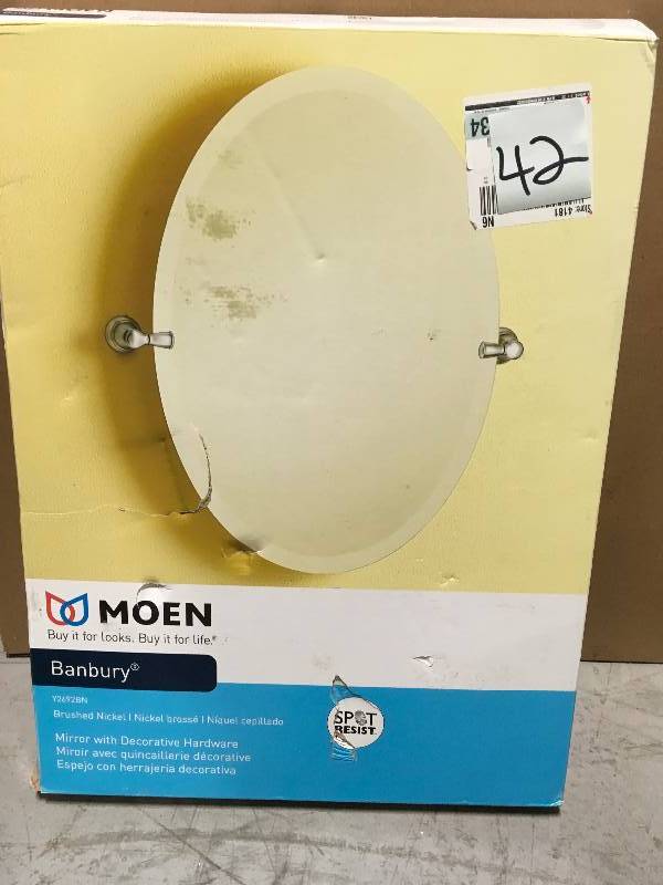 lot 42 image: Moen Banbury 26 X 23 Frameless Pivoting Wall Mirror Brushed Nickel in good conditions