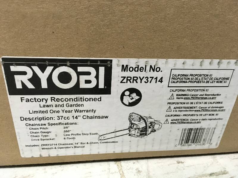 lot 43 image: Reconditioned Gas Chainsaw 14 in Ryobi Automatic Oiler Chain Saw 37cc 2 Cycle in good conditions