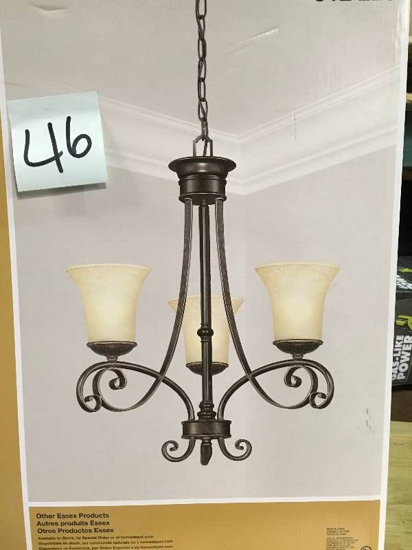 lot 46 image: Hampton Bay 14708 Essex 3-Light Aged Black Chandelier Aged Black not used