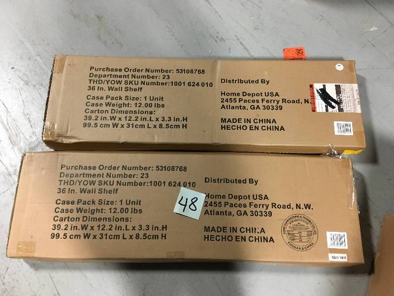 lot 48 image: HUSKY 9 in. H x 36 in. W x 9 in. D Steel Garage Wall Shelf  LOT OF 2 not used