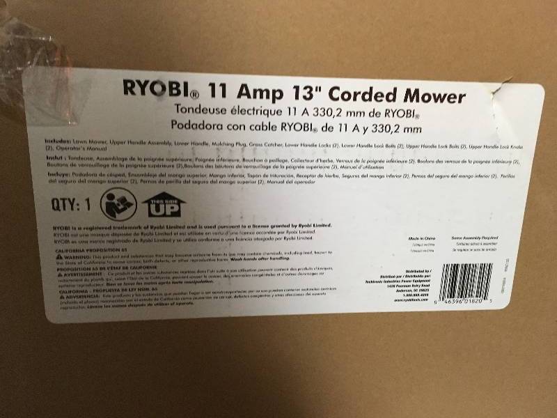 lot 49 image: Ryobi 13 in. 11 Amp Corded Electric Walk Behind Push Mower in good conditions