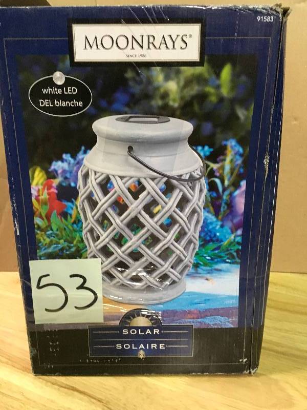 lot 53 image: Woven-Style 12 in. Grey 1-Light Integrated LED Solar Candle Lantern in good conditions