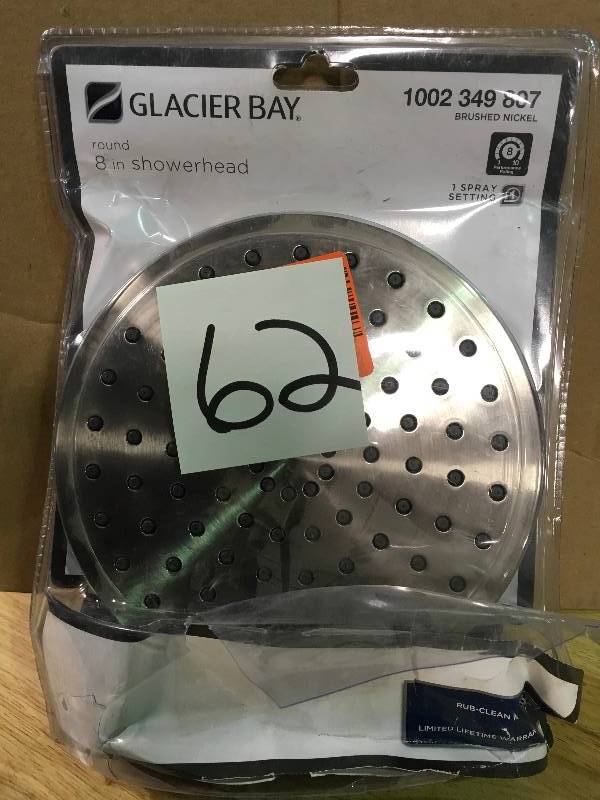 lot 62 image: Glacier Bay 1-Spray 8 in. Round Showerhead in Brushed Nickel not used