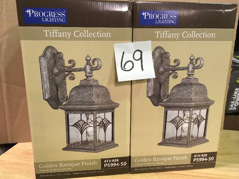 lot 69 image: Progress Lighting P5994-50 Tiffany Collection 1-Light Golden Baroque Wall Lantern  LOT OF 2 new