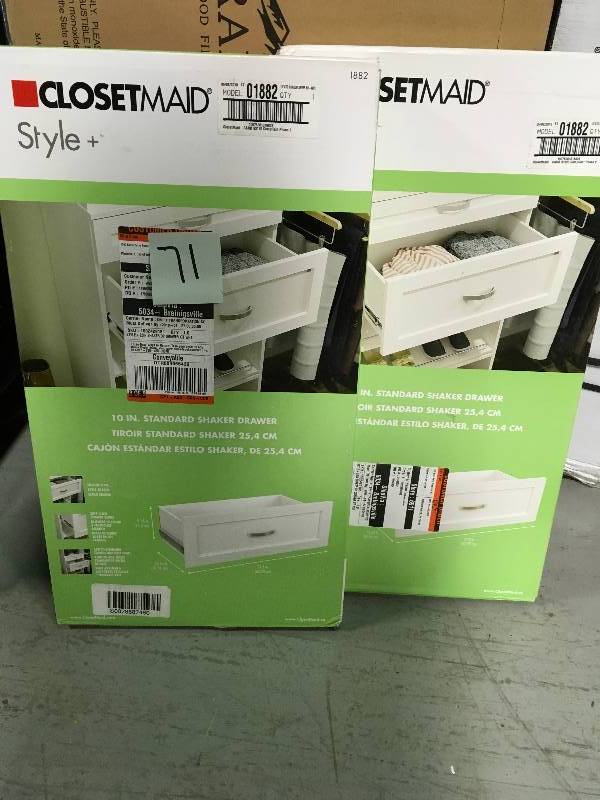 lot 71 image: CLOSETMAID Style 10 in. H x 25 in. W White Melamine Shaker Drawer Kit for 25 in. W Closet System  LOT OF 2 not used