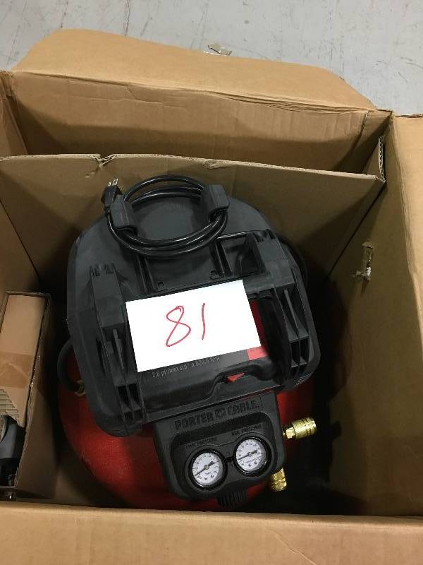 lot 81 image: Porter Cable 6 Gal. 150 PSI Portable Electric Air Compressor, 16-Gauge Nailer, 18-Gauge Nailer and 38 in. Stapler Combo Kit (3-Tool in working conditions