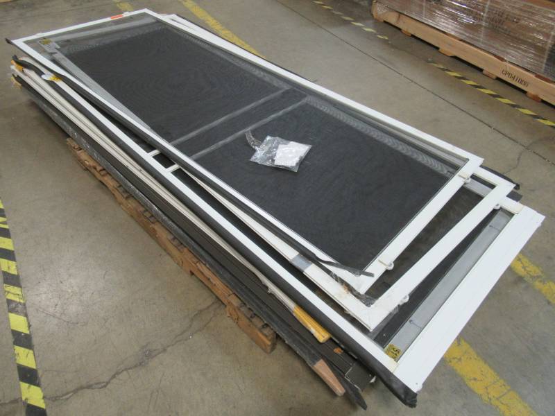 lot 105 image: Pallet of 9 Sliding Screen Doors, Common Measurement 30 X 80 - Brown and White doors.