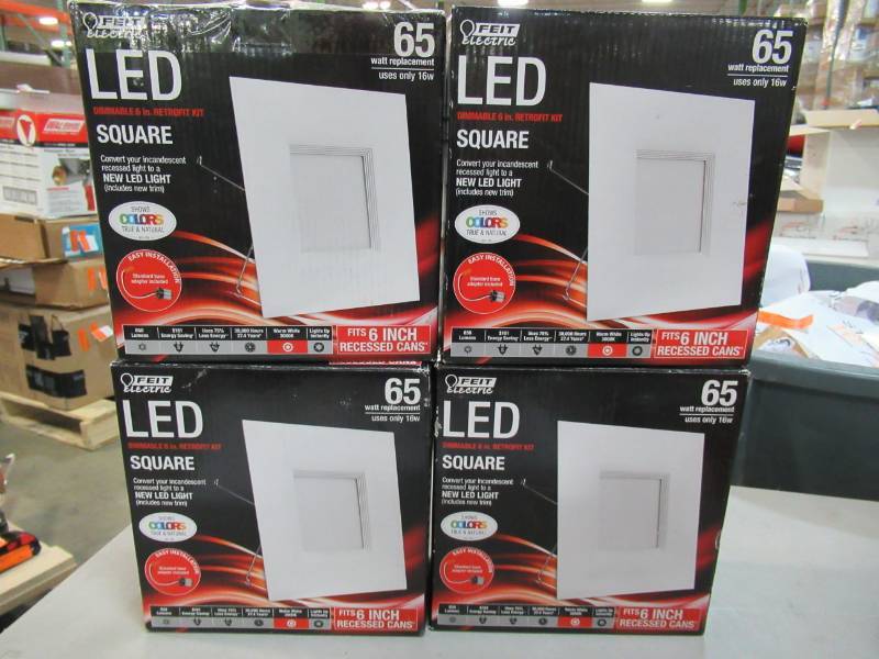 lot 114 image: Four 65W Equivalent Warm White (3000K) 6 in. Square White Trim Recessed Retrofit Baffle R20 Downlight LED Module 90 CRI