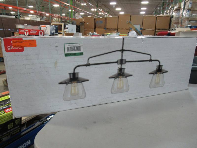 lot 125 image: Globe Electric 3-Light Oil Rubbed Bronze and Glass Vintage Pendant