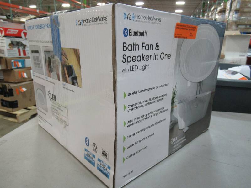 lot 127 image: Homewerks Worldwide Decorative White 70 CFM Bluetooth Stereo Speaker Exhaust Bath Fan with LED Light