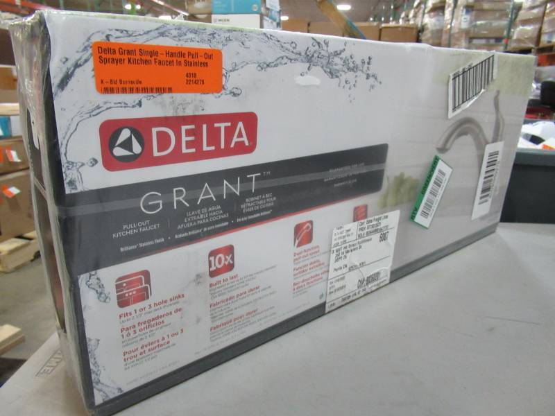 lot 54 image: Delta Grant Single-Handle Pull-Out Sprayer Kitchen Faucet In Stainless 16953-SS-DST