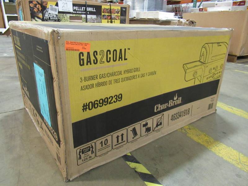 lot 30 image: NEW IN BOX - Char-Broil Red And Black 3-Burner Liquid Propane Gas Grill with 1 Side Burner 463341918
