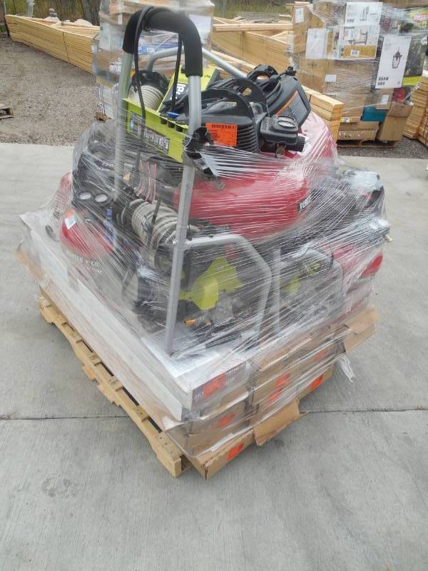 PALLET LOT OF FLOORING - AIR COMPRESSORS - PRESSURE WASHERS