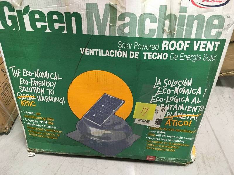 lot 19 image: MASTER FLOW 500 CFM Solar Powered Roof Mount Exhaust Fan open box not used