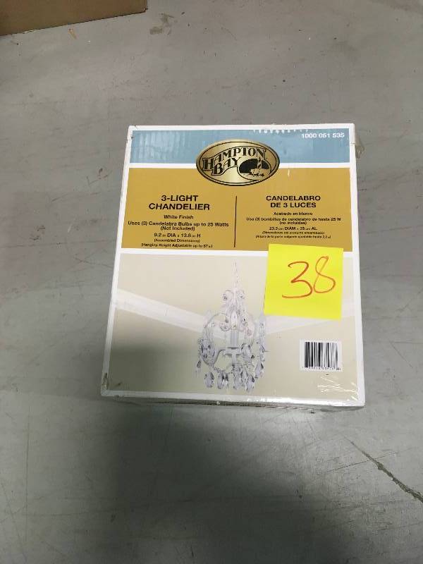 lot 38 image: Hampton Bay 3-light White Mini Chandelier not used