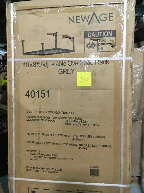 lot 55 image: NewAge Products 40151 4-Feet by 8-Feet Ceiling Mount Garage Storage Rack, Grey not used