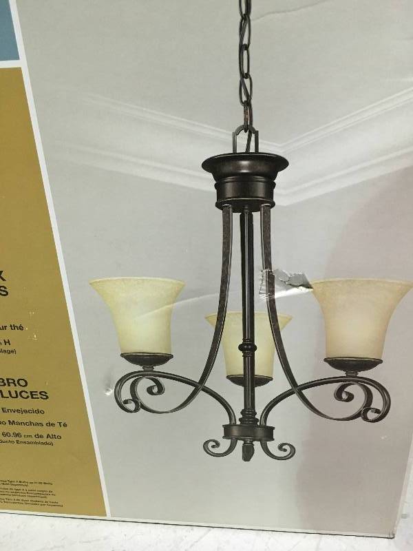 lot 58 image: Hampton Bay 14708 Essex 3-Light Aged Black Chandelier Aged Black not used