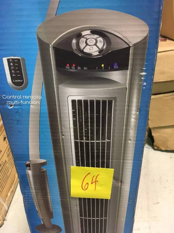 lot 64 image: Lasko Products Lasko Wind Curve Tower Fan 42.5 in. H x 13 in. L x 13 in. W   Used in good working cond.