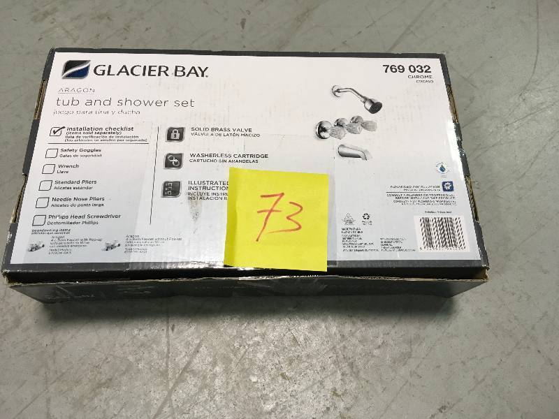 lot 73 image: Glacier Bay 3-handle Tub and Shower Faucet in Chrome Model 769 032 in good conditions
