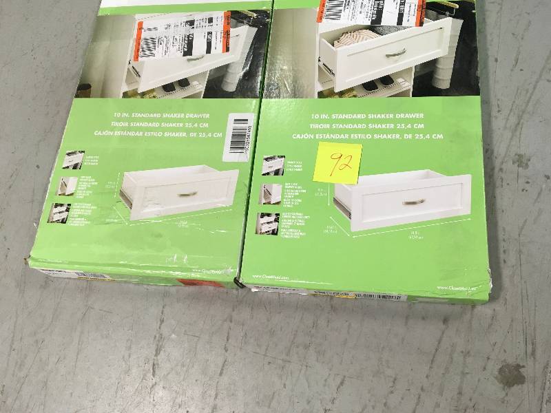 lot 92 image: LOT OF TWO ClosetMaid 1882 1025 White Melamine Shaker Drawer Kit for 25 W Closet System new