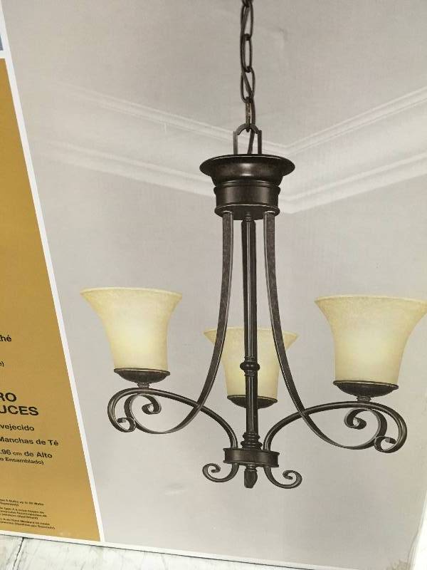 lot 3 image: Hampton Bay 14708 Bayessex 3-Light Aged Black Chandelier,