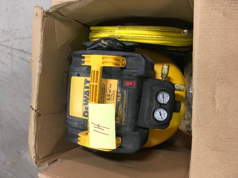 lot 14 image: DEWALT DW1KIT18PP Heavy-duty 6 Gal Compressor Combo Kit & 18 Gauge Nailer  Used in good working cond.
