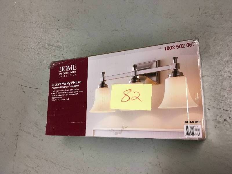lot 82 image: HOME DECORATORS 3-Light Satin Nickel Bath Sconce with Opal Glass Shades
