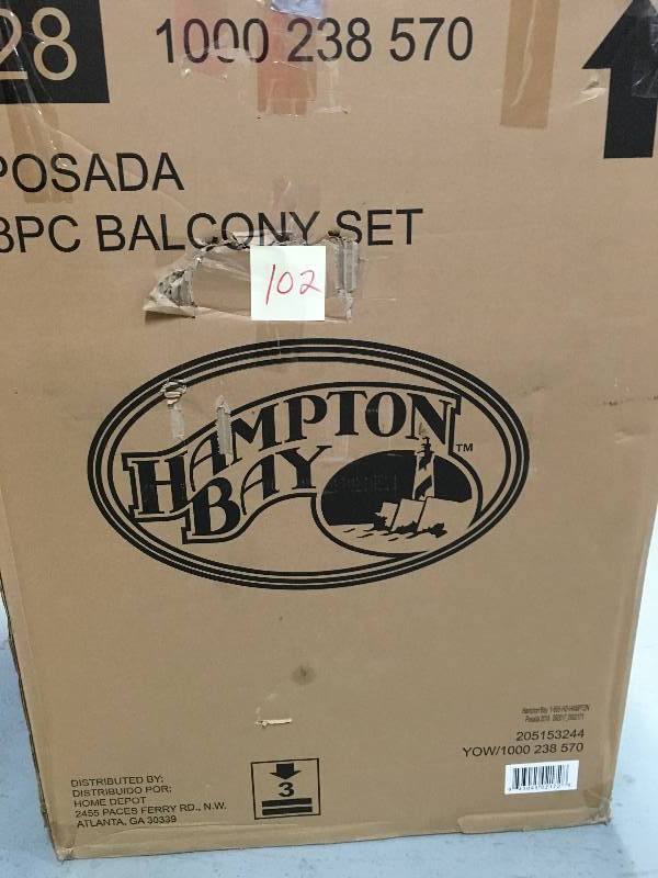 lot 102 image: Hampton Bay Dining Furniture Posada 3-Piece Balcony Height Patio Bistro Set