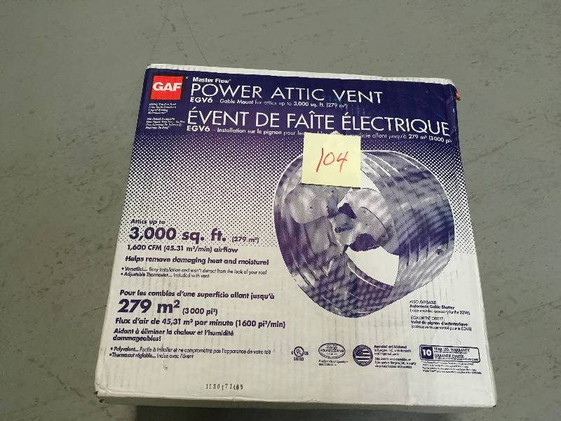 lot 104 image: Building EGV6 Fan Gable Mount Attic 1600 Cfm