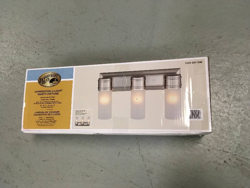 lot 9 image: 3-Light Brushed Nickel Wall Vanity Fixture not used
