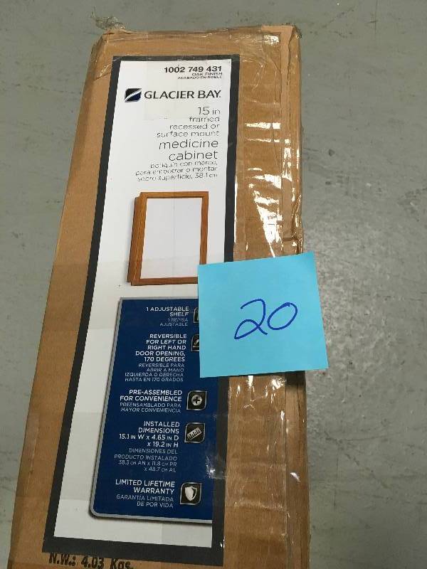 lot 20 image: Glacier Bay 15-18 in. W x 19-14 in. H Framed Recessed or Surface-Mount Bathroom Medicine Cabinet in Oak not used