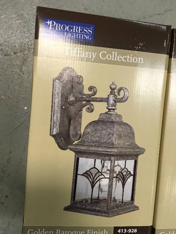 lot 39 image: Progress Lighting P5994-50 Tiffany Collection 1-Light Golden Baroque Wall Lantern  LOT OF 2 new