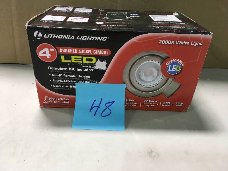 lot 48 image: LITHONIA LIGHTING 4 IN. BRUSHED NICKEL INTEGRATED LED RECESSED KIT GIMBAL LAMPED in good conditions