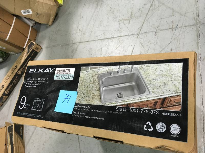 lot 71 image: ELKAY Drop-In Stainless Steel 25 in. 4-Hole Single Bowl Kitchen Sink in good conditions