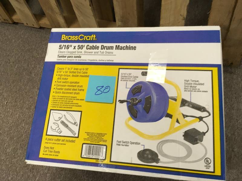 lot 80 image: BrassCraft Cable Drum Machine Clears Sink Shower Tub Drains 516 In. X 50 Ft.  USED in working conditions