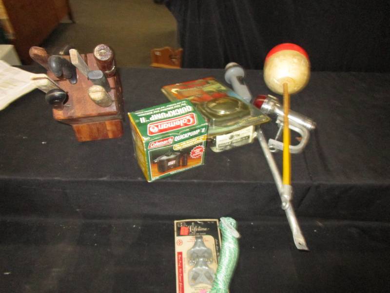 lot 159 image: Knifes, Coleman Inflator, Rope, Portable Heater, Boat Light