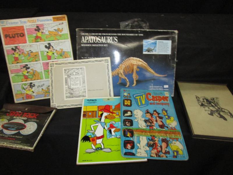 lot 164 image: Tv Casper and Company, Startrek Blueprints, Frame Tray Puzzles, Apatosaurus Wooden Skelteton