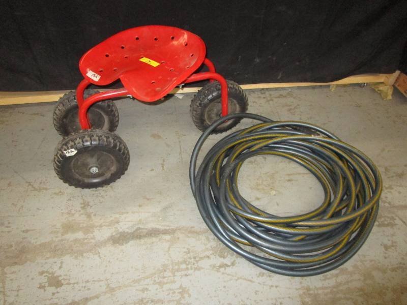 lot 178 image: Metal Garden cart With Tractor Seat, with garden hose