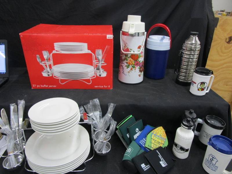 lot 23 image: 37 Piece serving set, thermos, water jug, coozies and misc cups