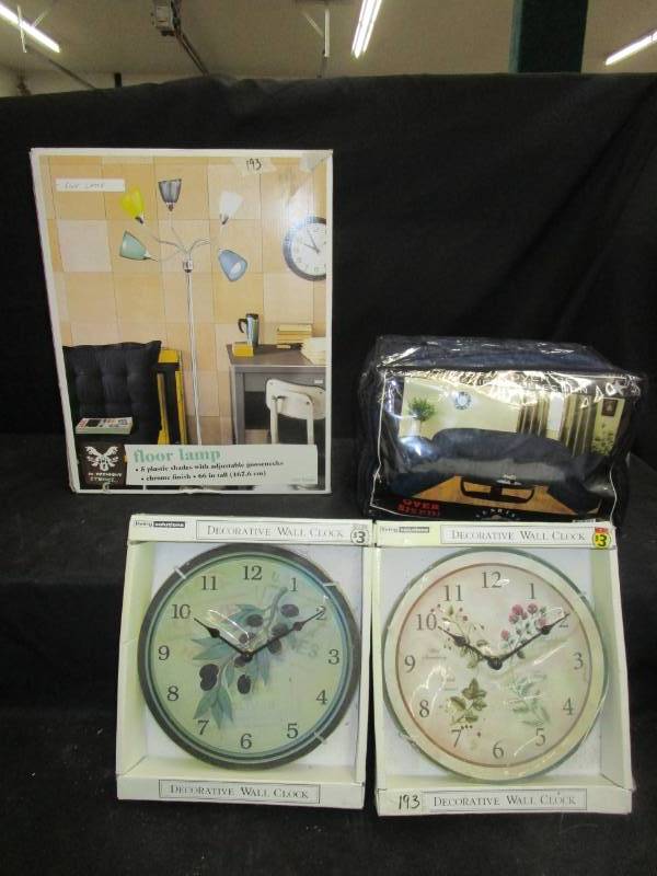 lot 27 image: Sofa Cover Set, Floor lamp still in the box and 2 clocks still in the box