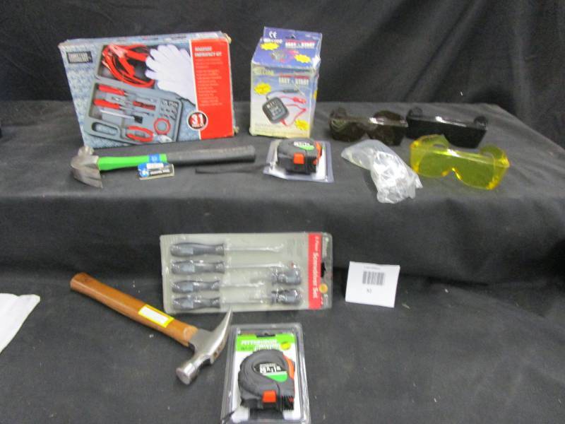 lot 32 image: Emergency Roadaside kit, Hammers, Tape Measures, screwdrivers, protective glasses amd easy jumpstarting kit