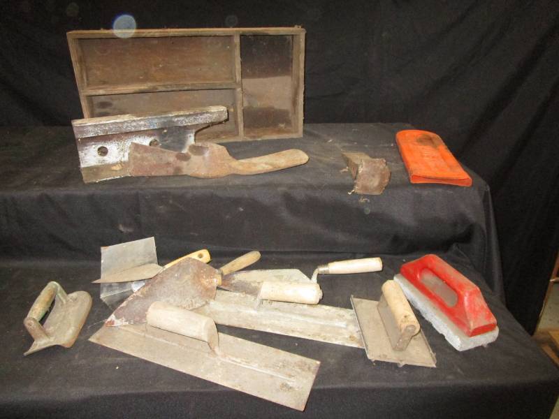 lot 51 image: Cement tools, ols wood box, splitter and other various items