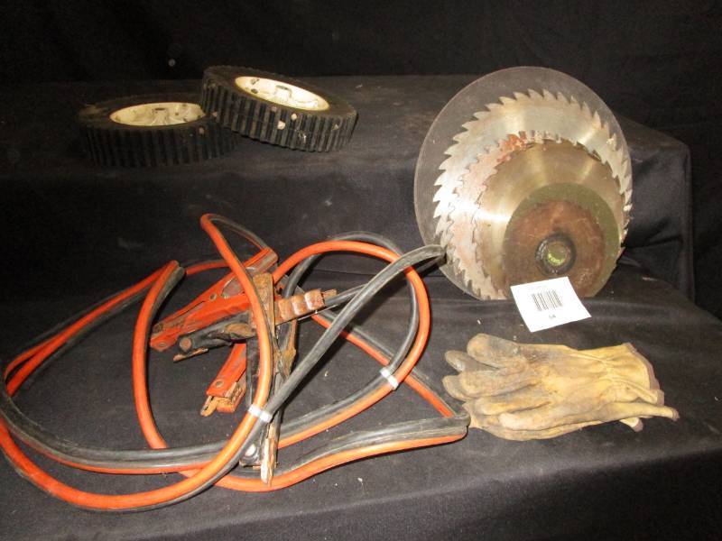 lot 64 image: Different saw blades, jumper cables, wheels 8 round, work gloves