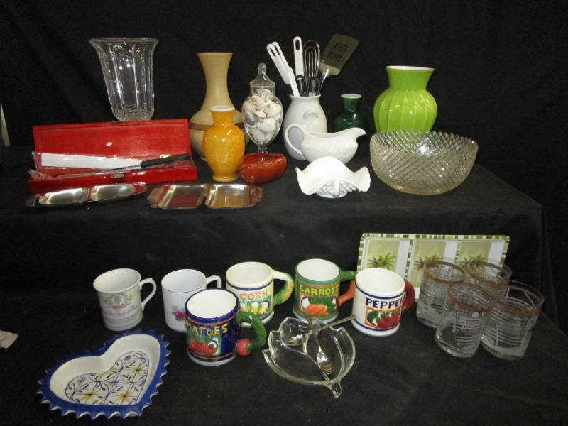 lot 77 image: Various Glassware, Carving Set, Vases, Mugs, Bowls, etc.