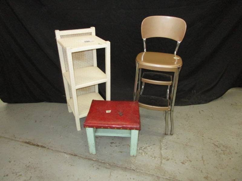 lot 93 image: Stool, Stand, and 3 Layor Shelf
