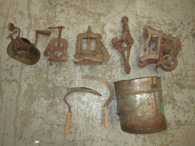lot 129 image: Rustic Pulleys Sythes, Metal Buckets