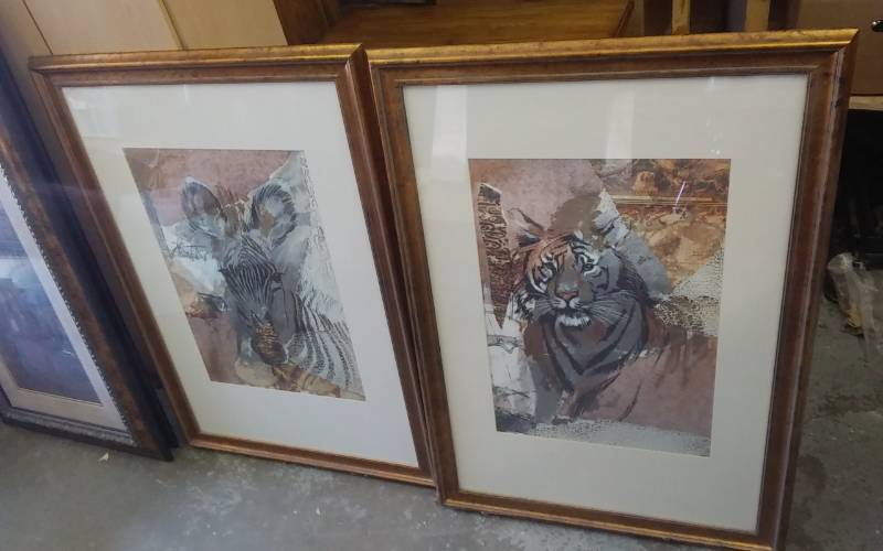 Pair Of Framed Safari Prints 28x40 (Zebra & Tiger)